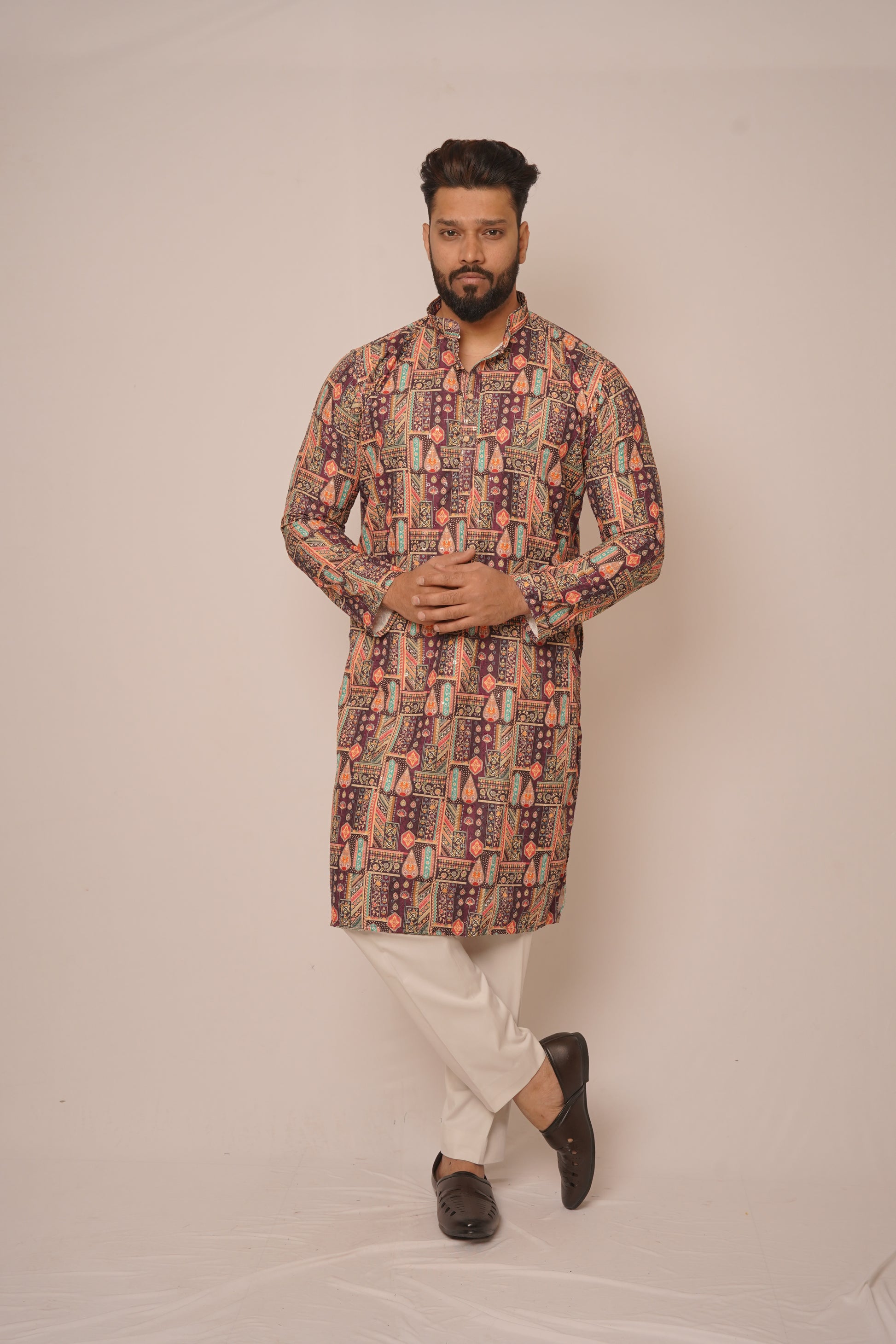 Earthy Maroon Geometric Print Long Kurta