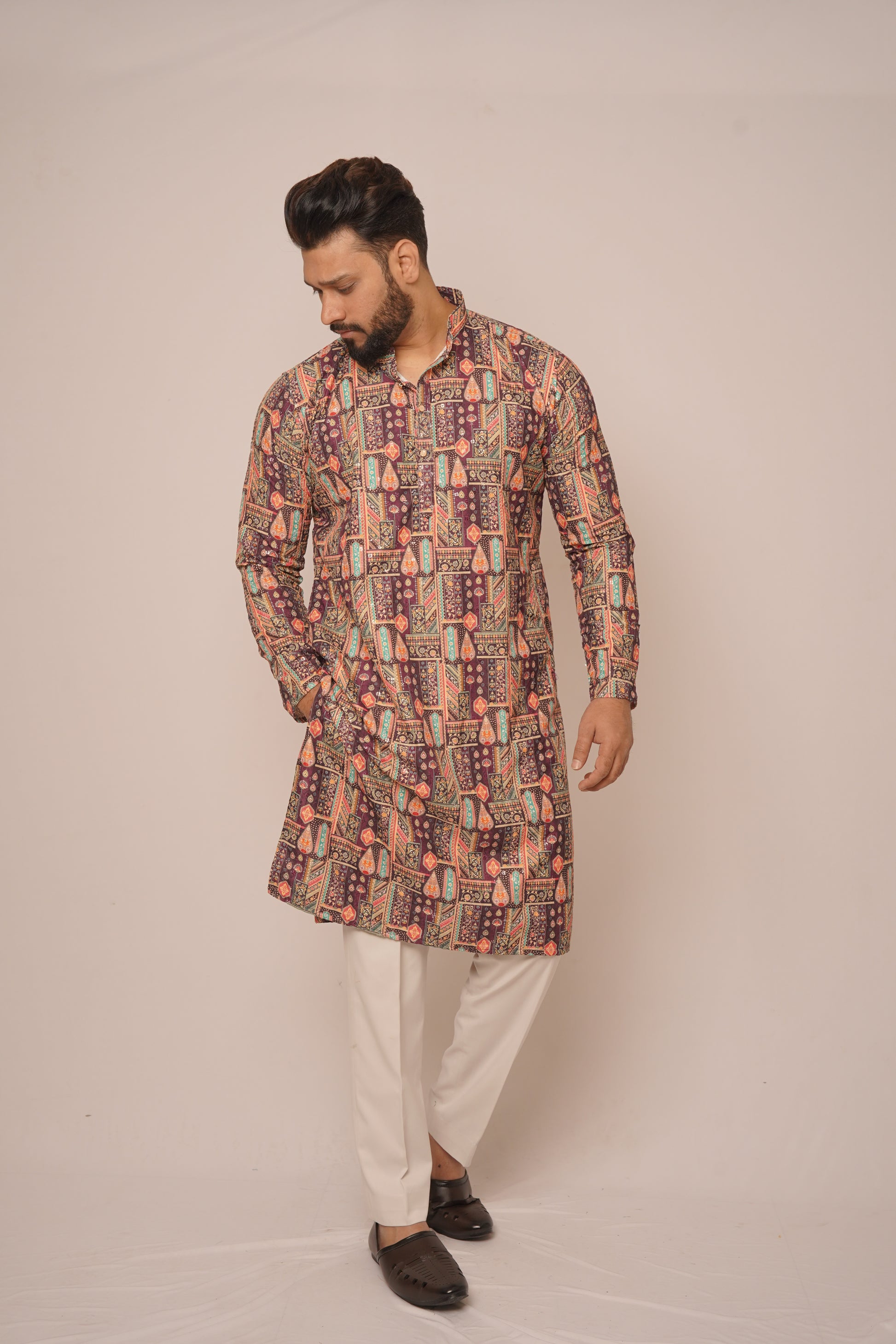 Earthy Maroon Geometric Print Long Kurta