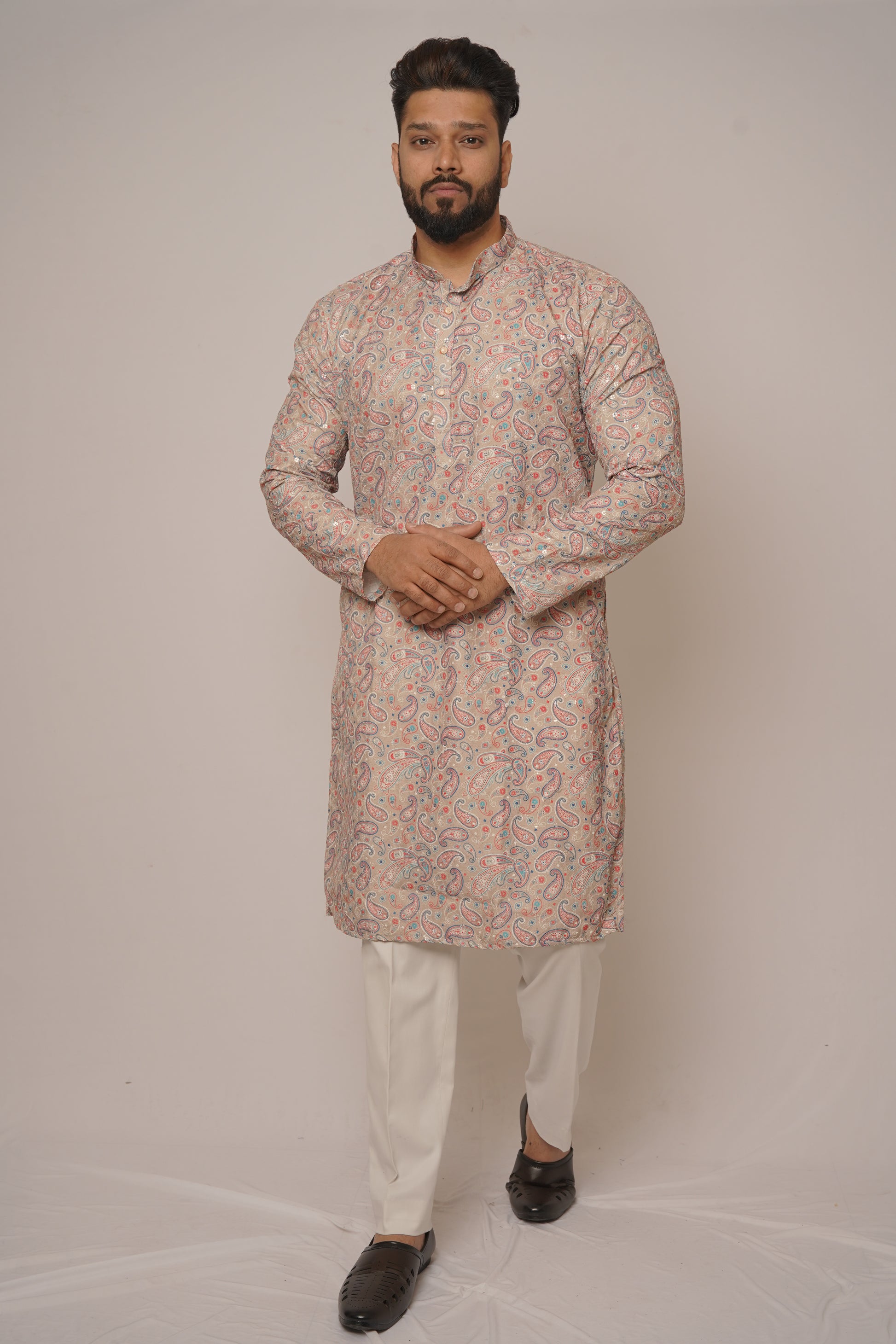 Beige Paisley Printed Festive Kurta with Mandarin Collar