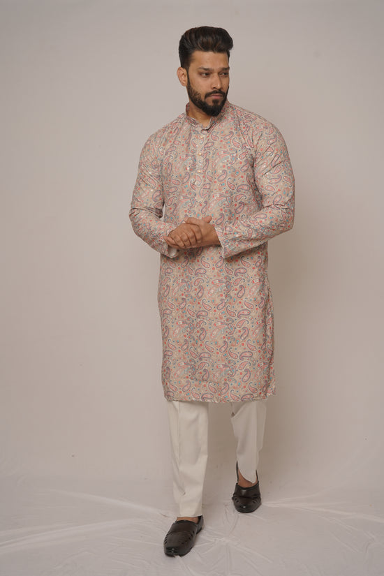 Beige Paisley Printed Festive Kurta with Mandarin Collar