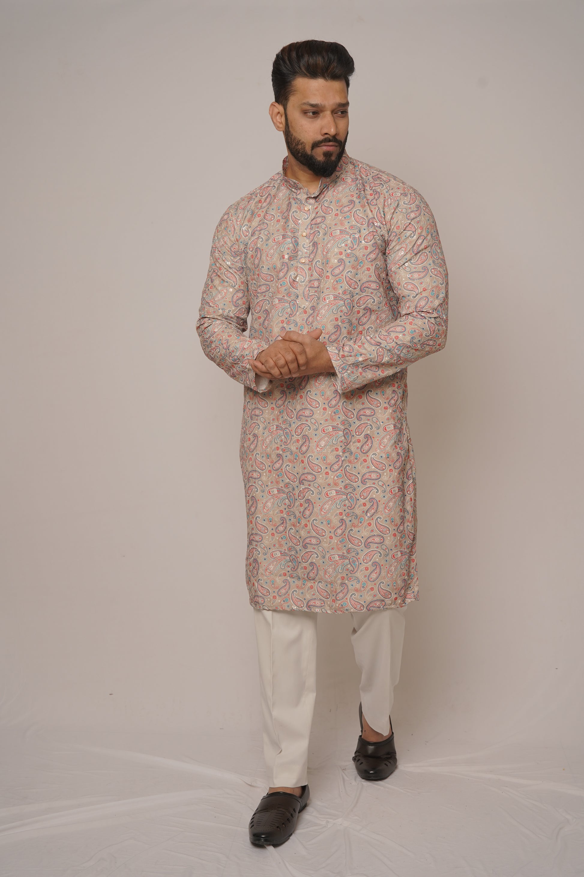 Beige Paisley Printed Festive Kurta with Mandarin Collar