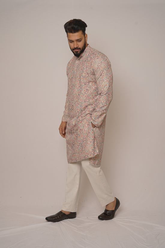 Beige Paisley Printed Festive Kurta with Mandarin Collar