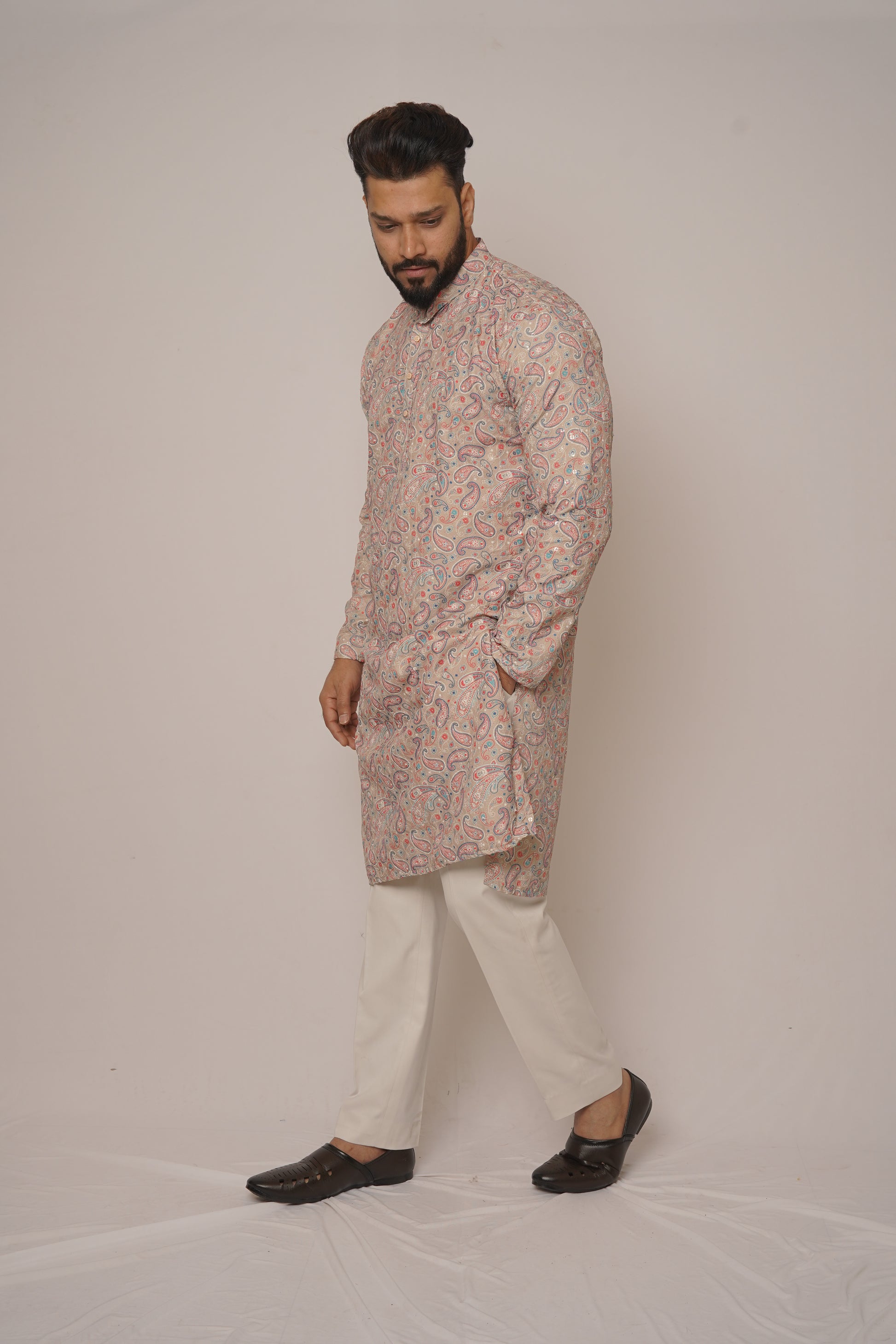Beige Paisley Printed Festive Kurta with Mandarin Collar