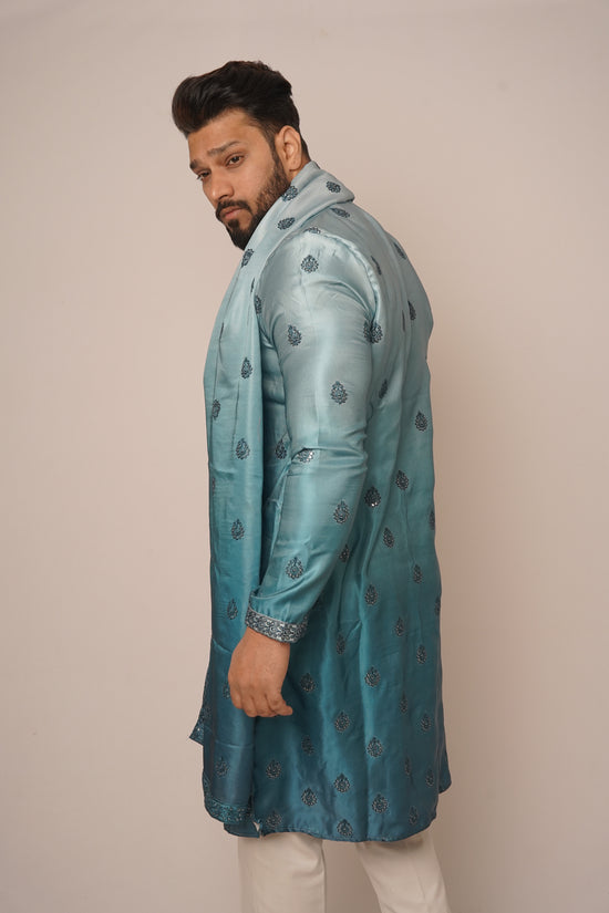 Seafoam Blue Ombré Kurta Set with Embroidered Stole