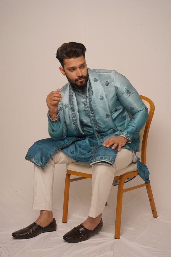 Seafoam Blue Ombré Kurta Set with Embroidered Stole