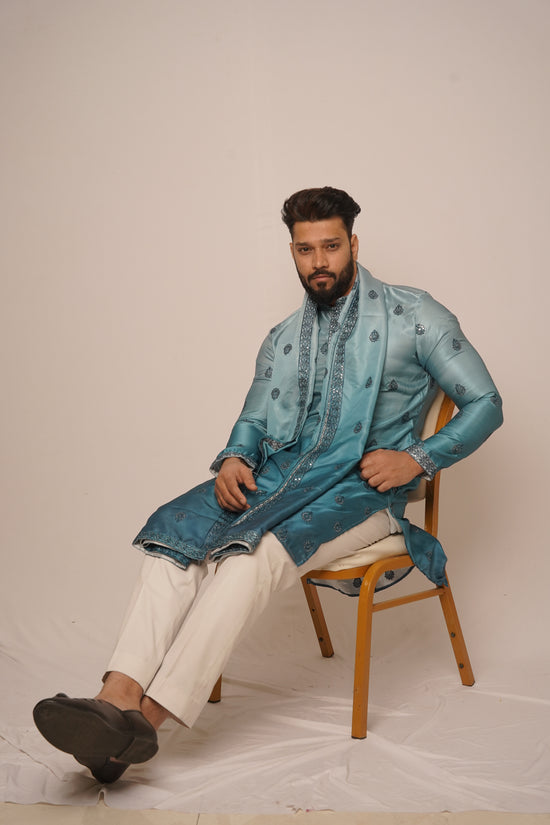 Seafoam Blue Ombré Kurta Set with Embroidered Stole