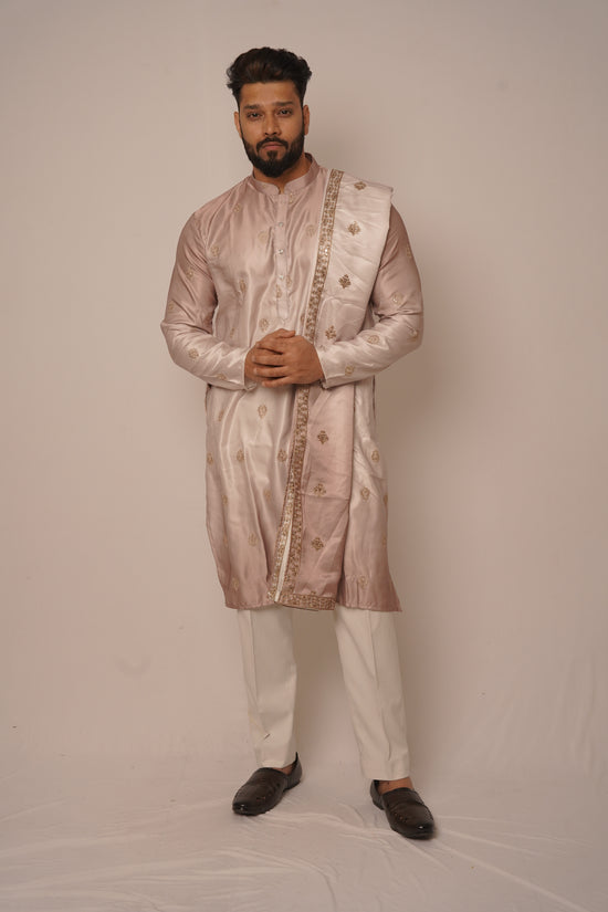 Rose Gold Silk Kurta with Embroidered Organza Stole