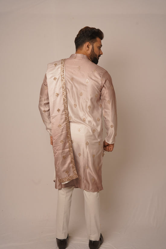 Rose Gold Silk Kurta with Embroidered Organza Stole
