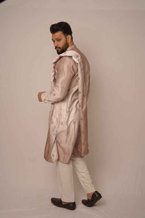 Rose Gold Silk Kurta with Embroidered Organza Stole