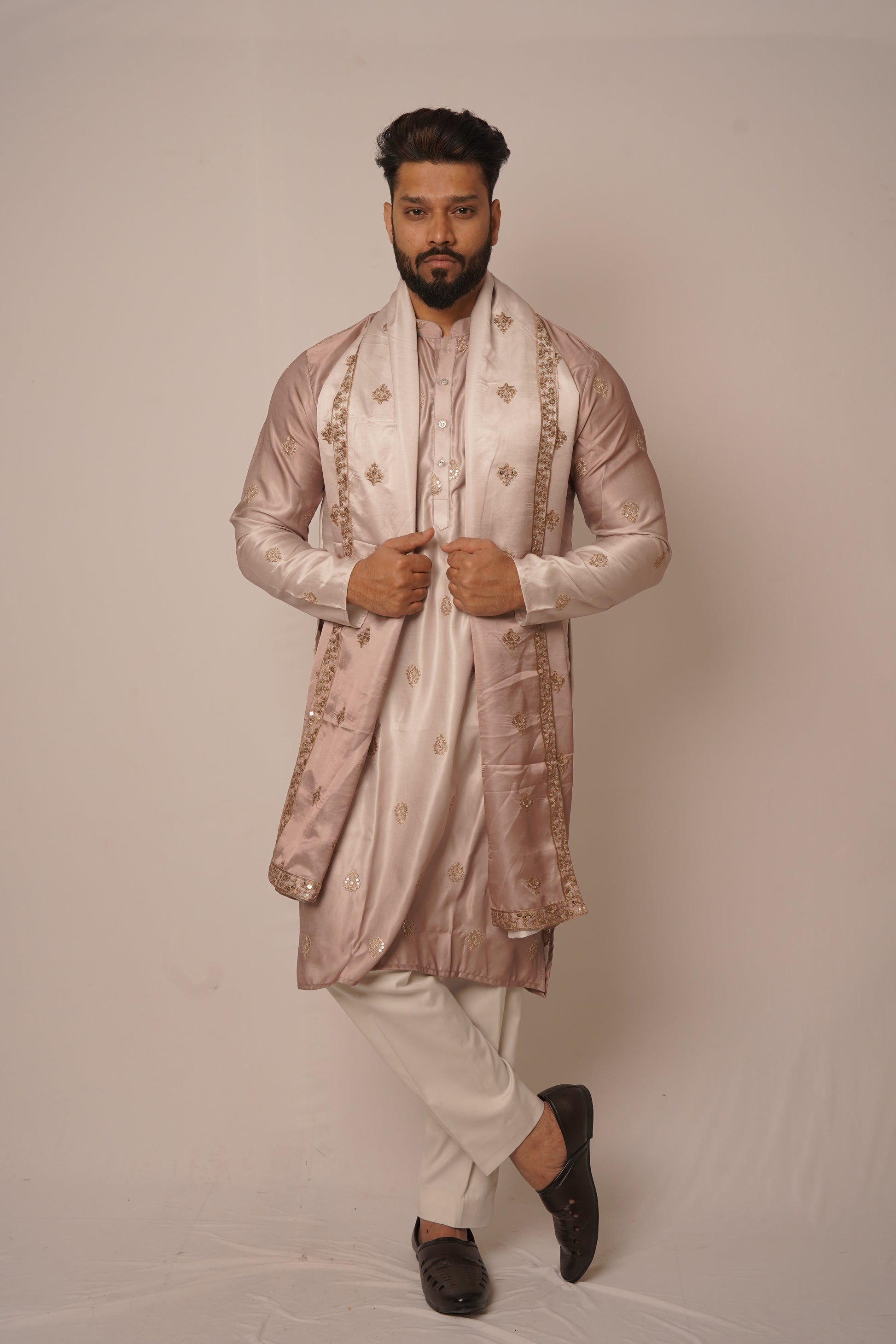 Rose Gold Silk Kurta with Embroidered Organza Stole