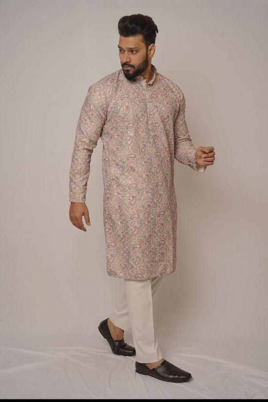 Beige Paisley Printed Festive Kurta with Mandarin Collar