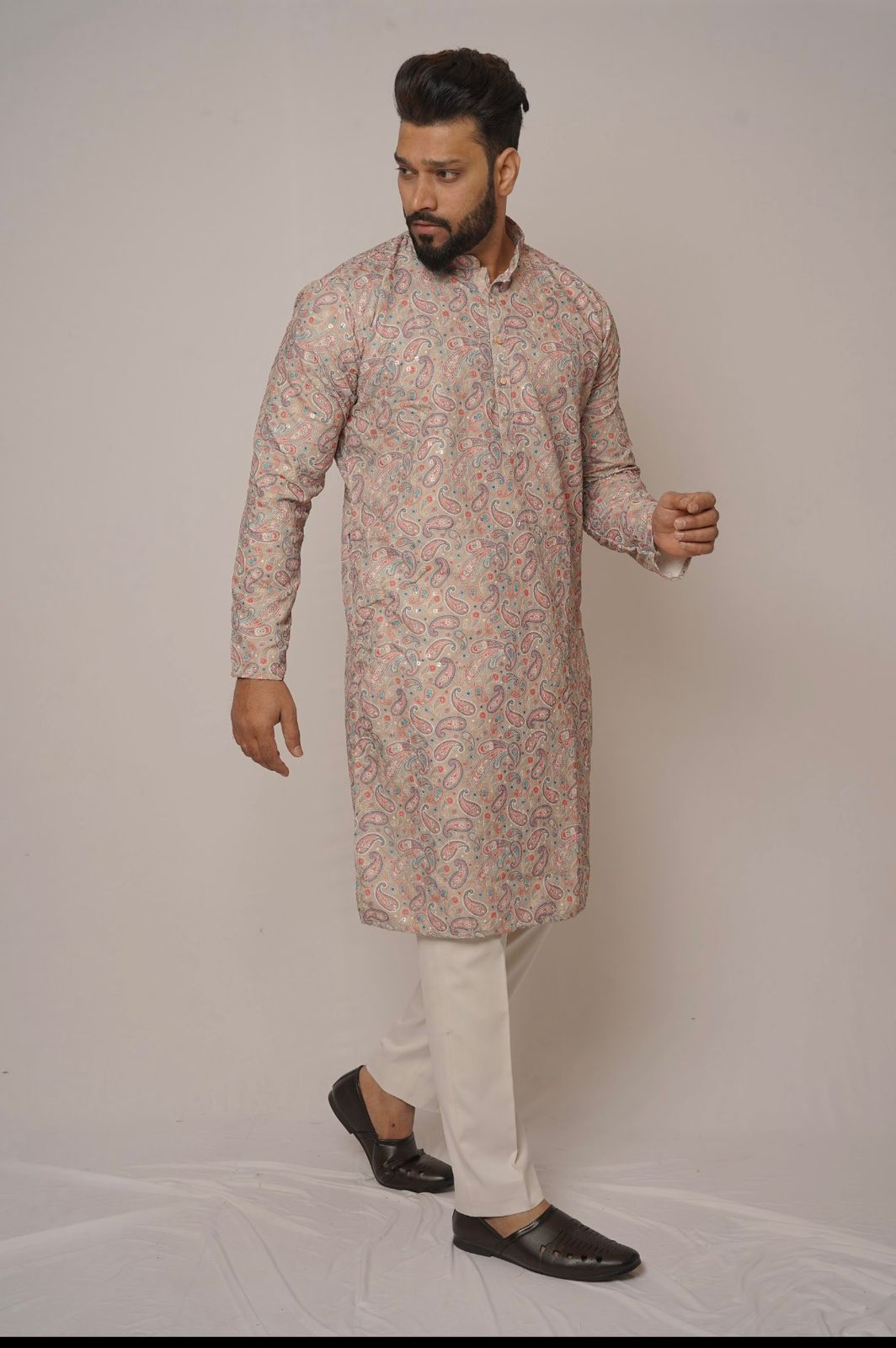 Beige Paisley Printed Festive Kurta with Mandarin Collar
