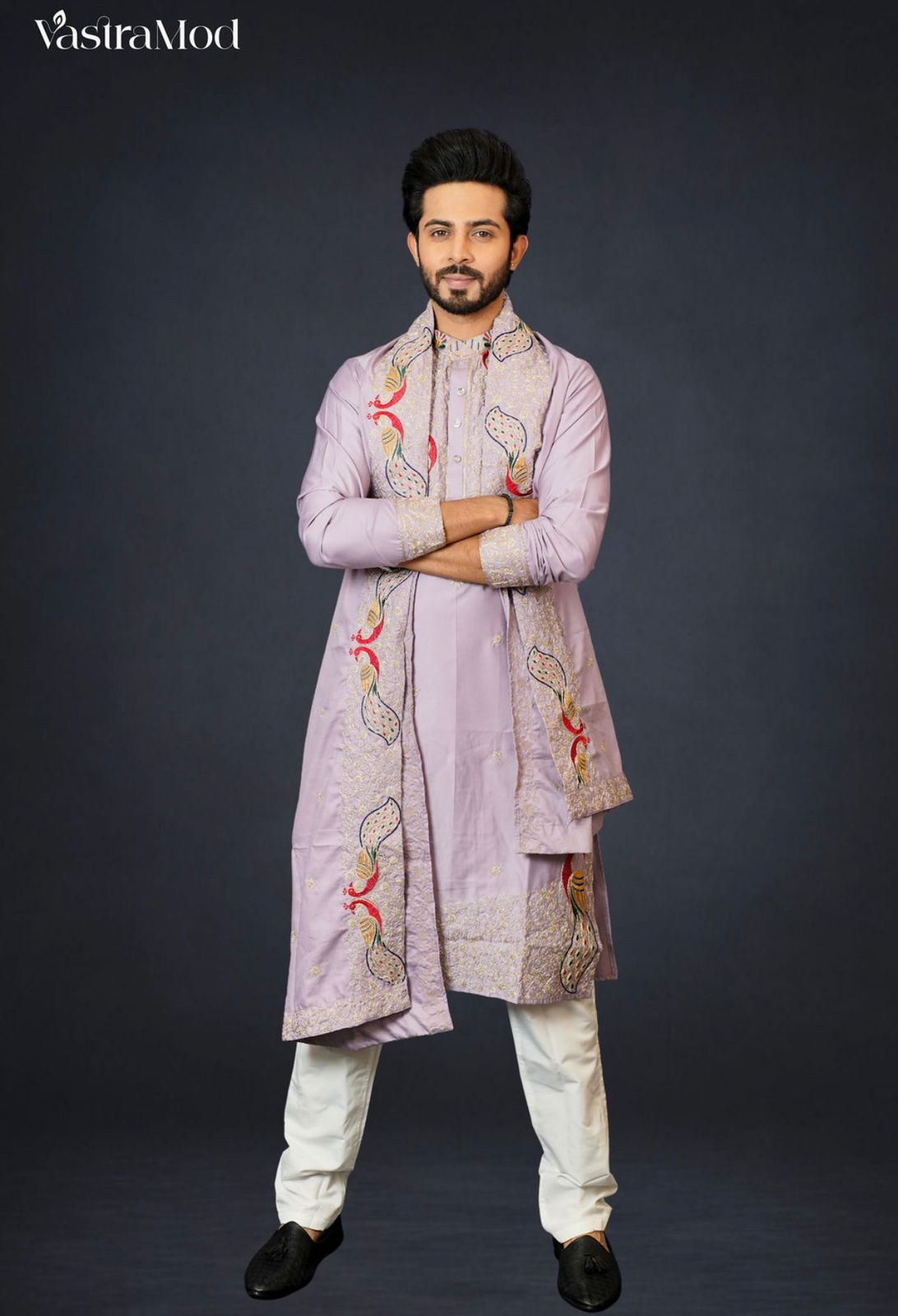 Lavender Silk Kurta Set with Hand-Embroidered Peacock Stole